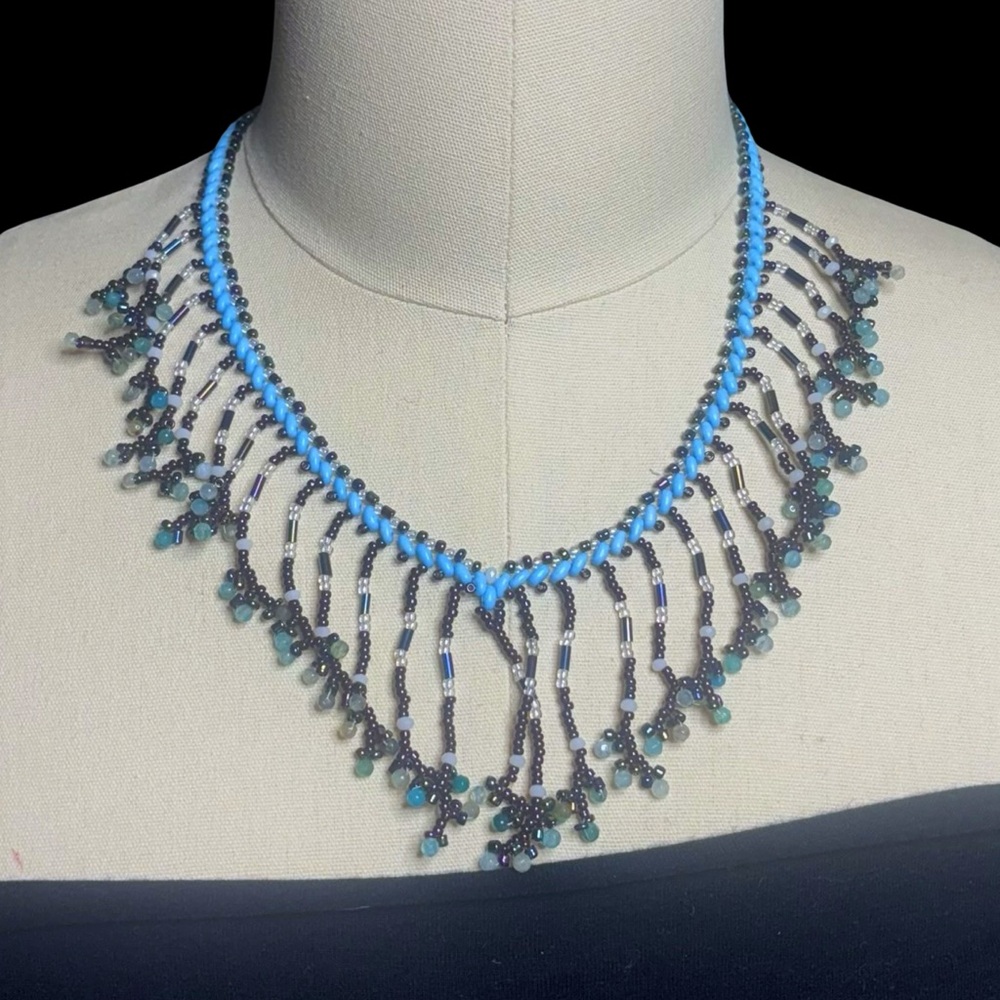 Handcrafted Blue Beaded Fringe Necklace